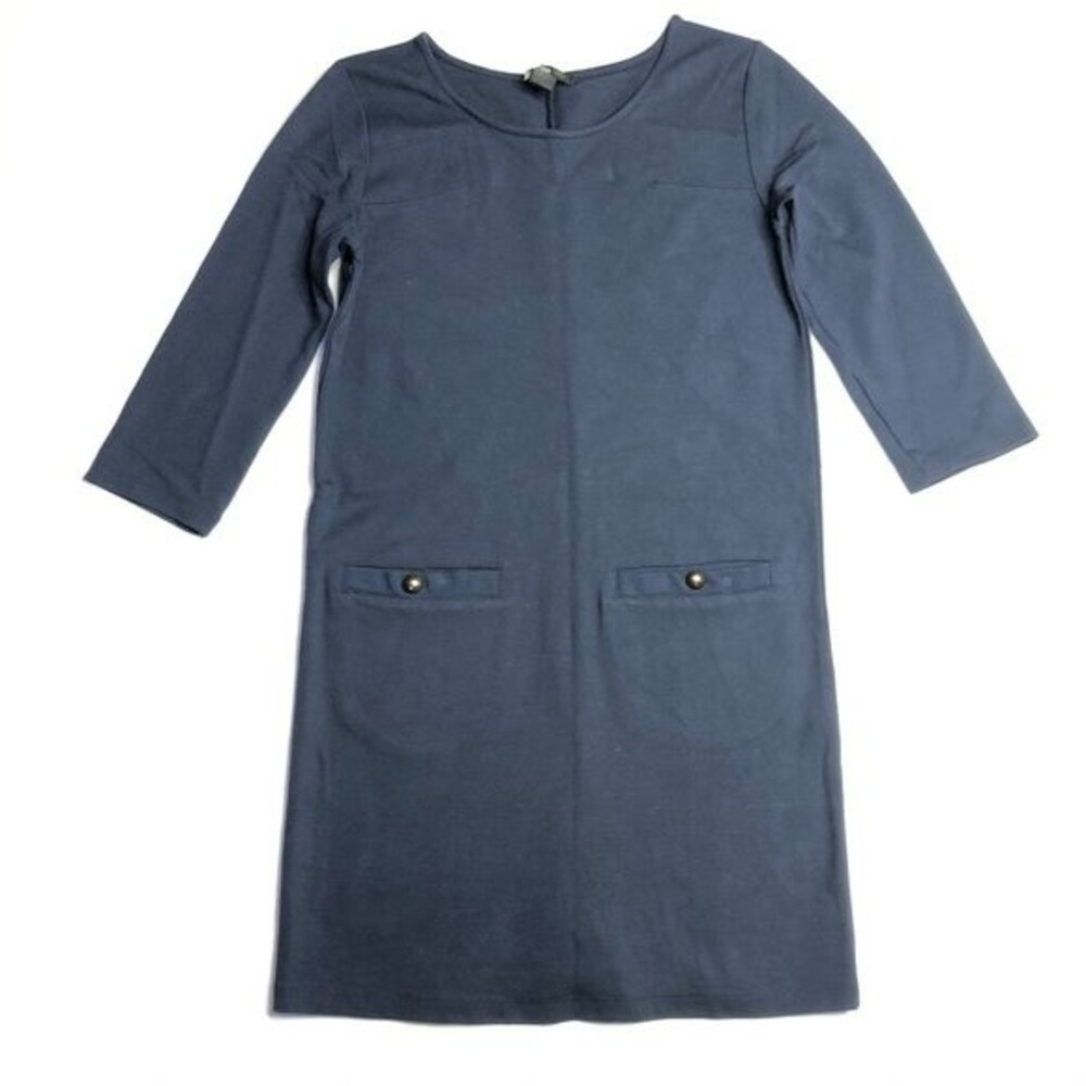 MANGO Women's Navy Blue Mini Shift Dress 3/4 Sleeve Pockets XS